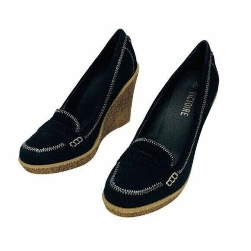 La Victoire Neala Black Suede Leather Party Casual  Wedge Sandals Heels Shoes 10